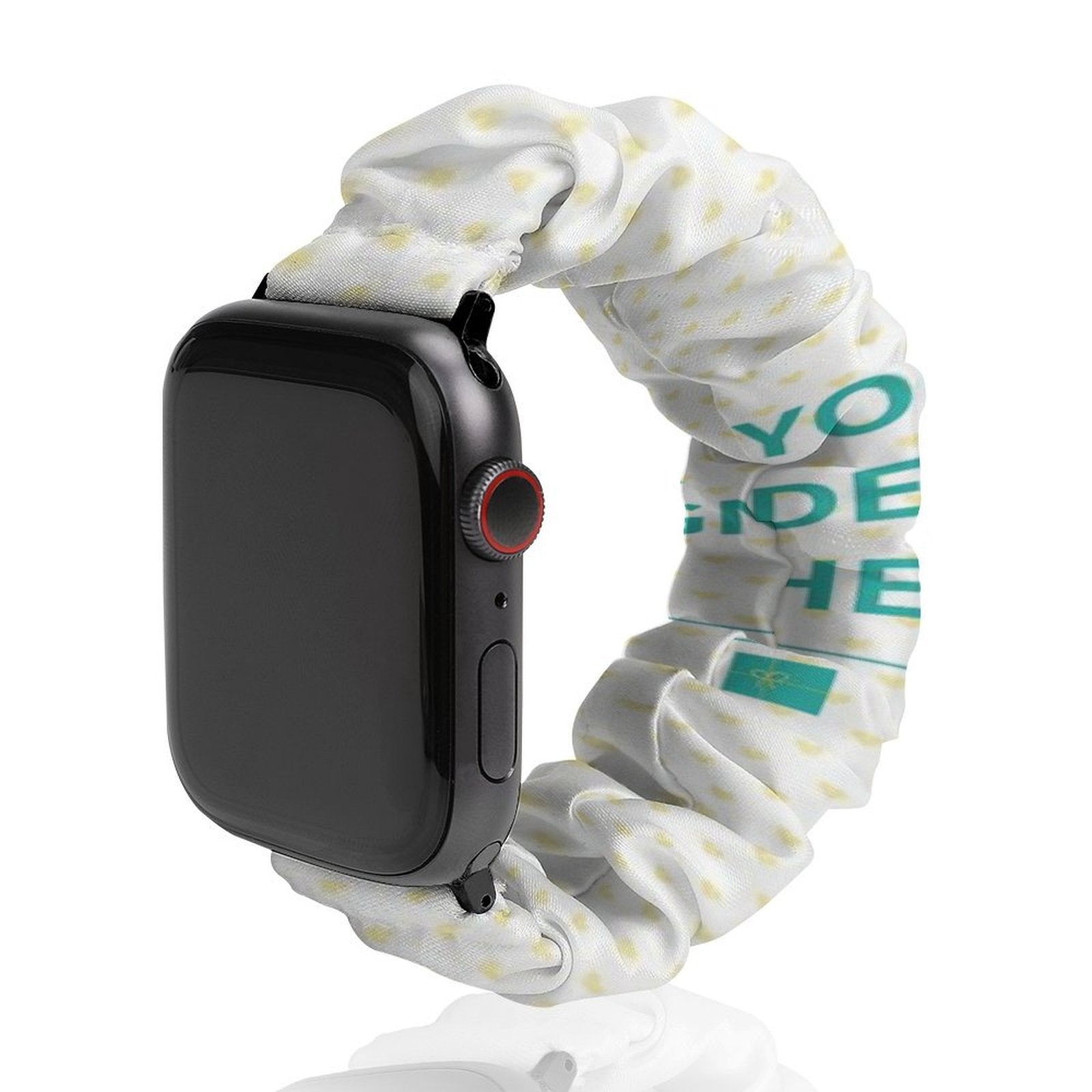 Custom white polyester scrunchie Apple Watch band with yellow dots and text "YO DE HE".