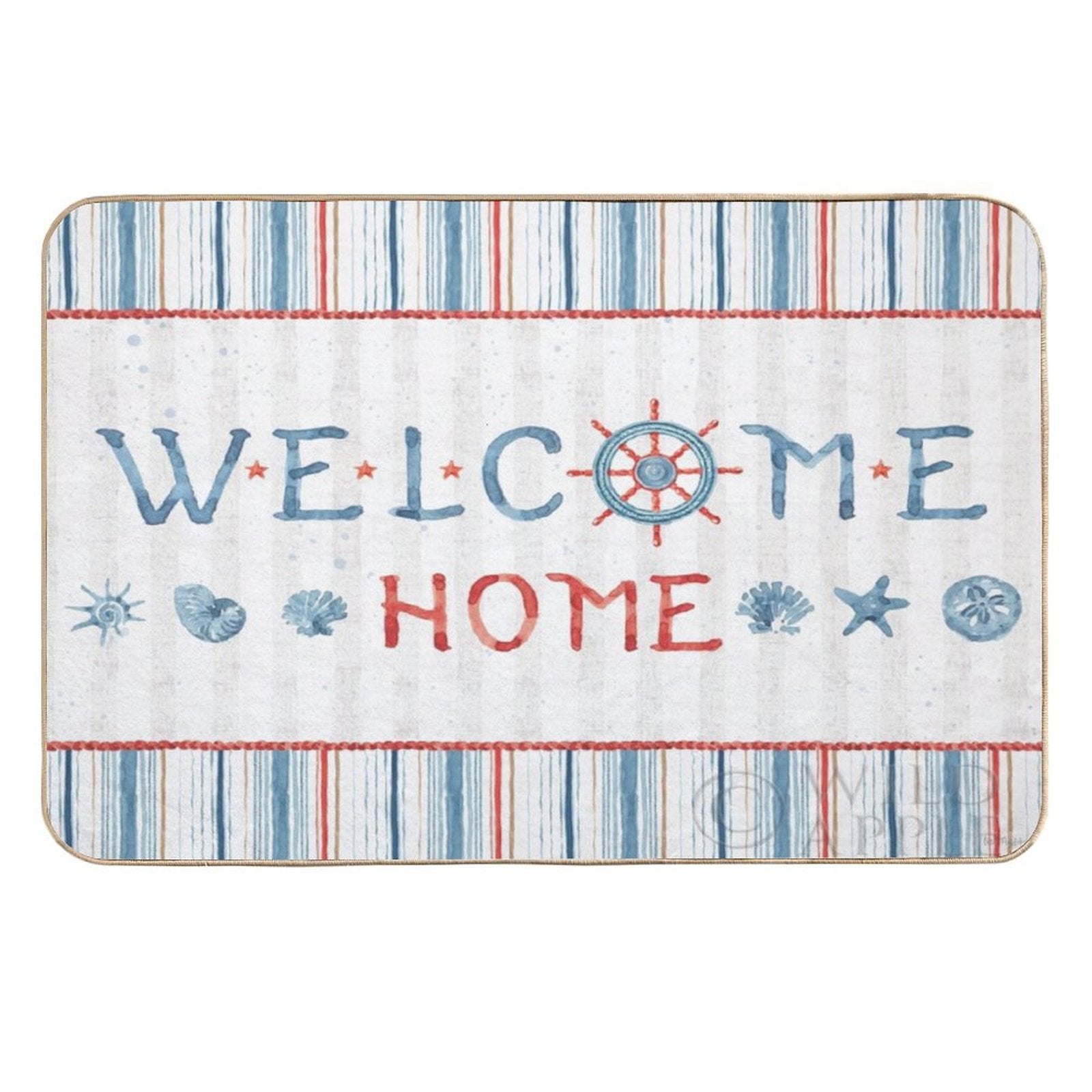 Nautical welcome home floor mat, striped blue, red, white design, washable rug with seashells and ship wheel, custom rugs