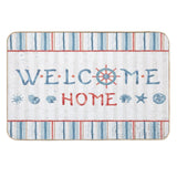 Nautical welcome home floor mat, striped blue, red, white design, washable rug with seashells and ship wheel, custom rugs