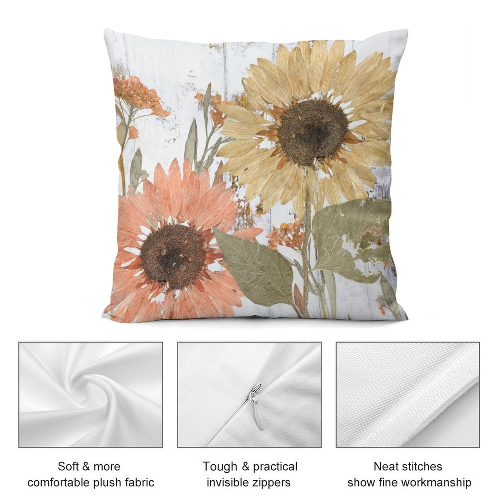 Sunflower throw pillow cover with plush fabric, invisible zippers, and neat stitches, perfect for sofa or living room decor.