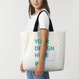 Customizable tote bag with heart pattern and "YOUR DESIGN HERE" text, perfect for gifts and shopping at MyArtsyGift.com