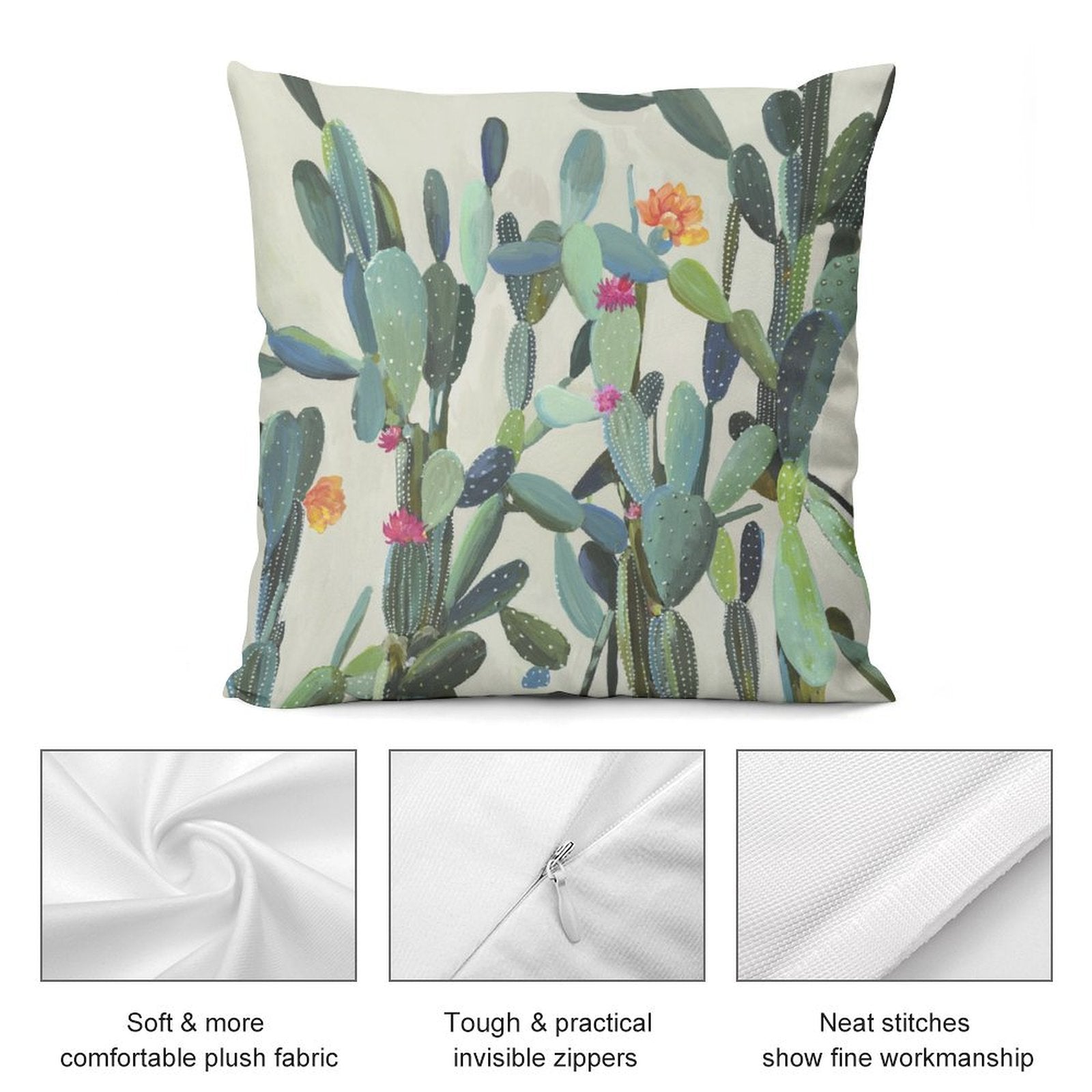 Plush throw pillow cover with artistic cactus design, featuring soft fabric, invisible zipper, and neat stitches.