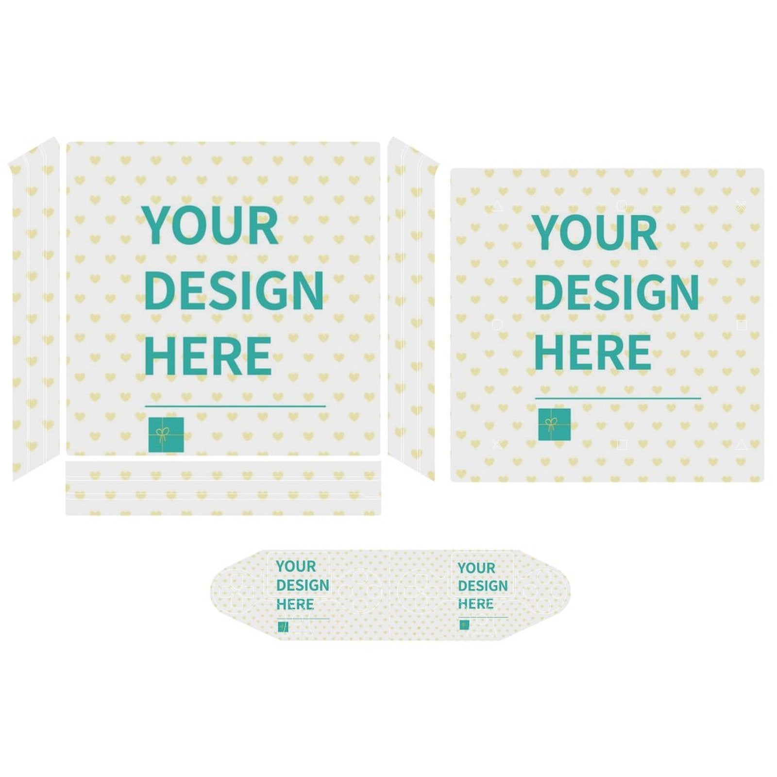 Custom PS4 skin with heart pattern, text "YOUR DESIGN HERE", PVC adhesive sticker