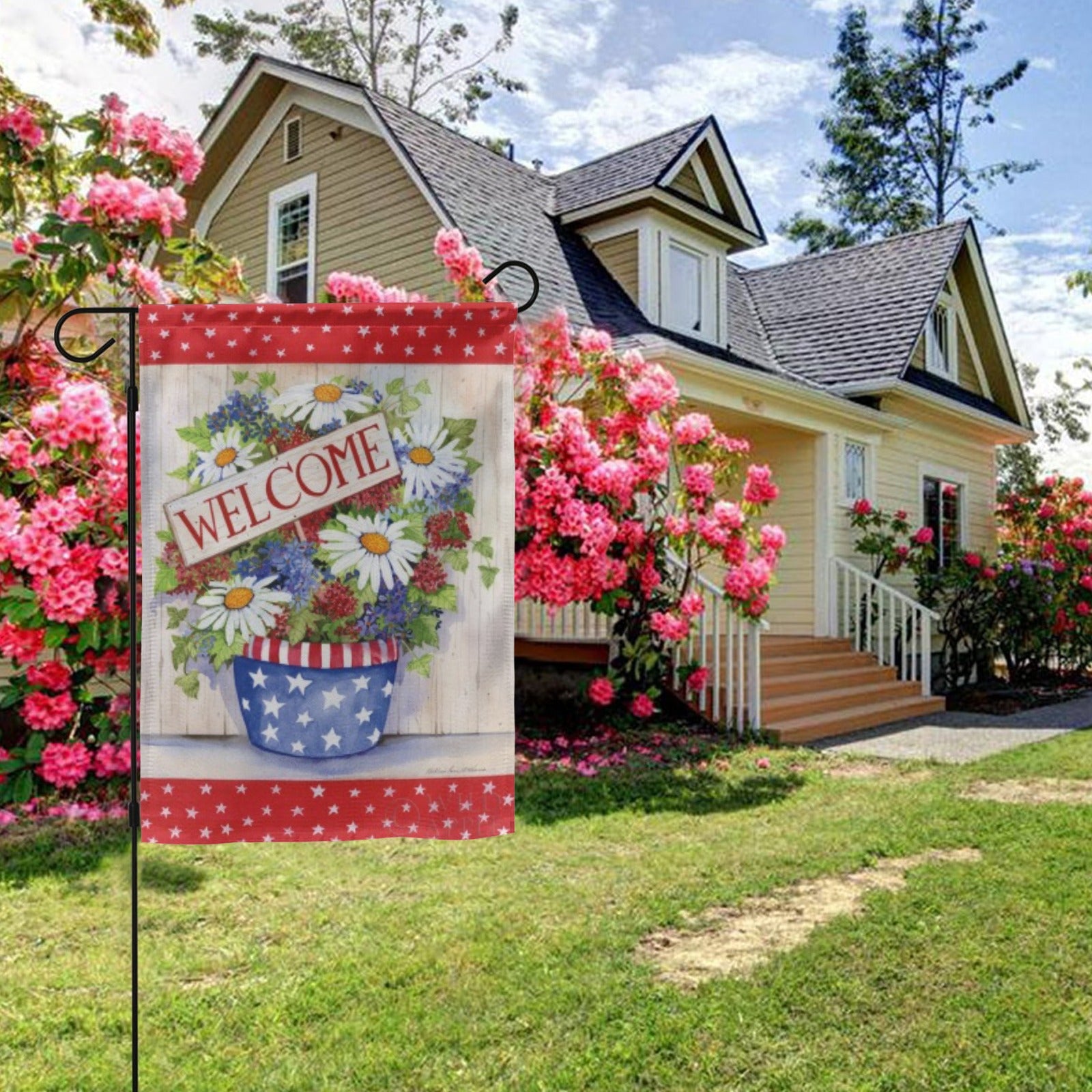 Welcome garden flag, double-sided, with floral arrangement in star pot, Made in USA