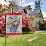 Welcome garden flag, double-sided, with floral arrangement in star pot, Made in USA