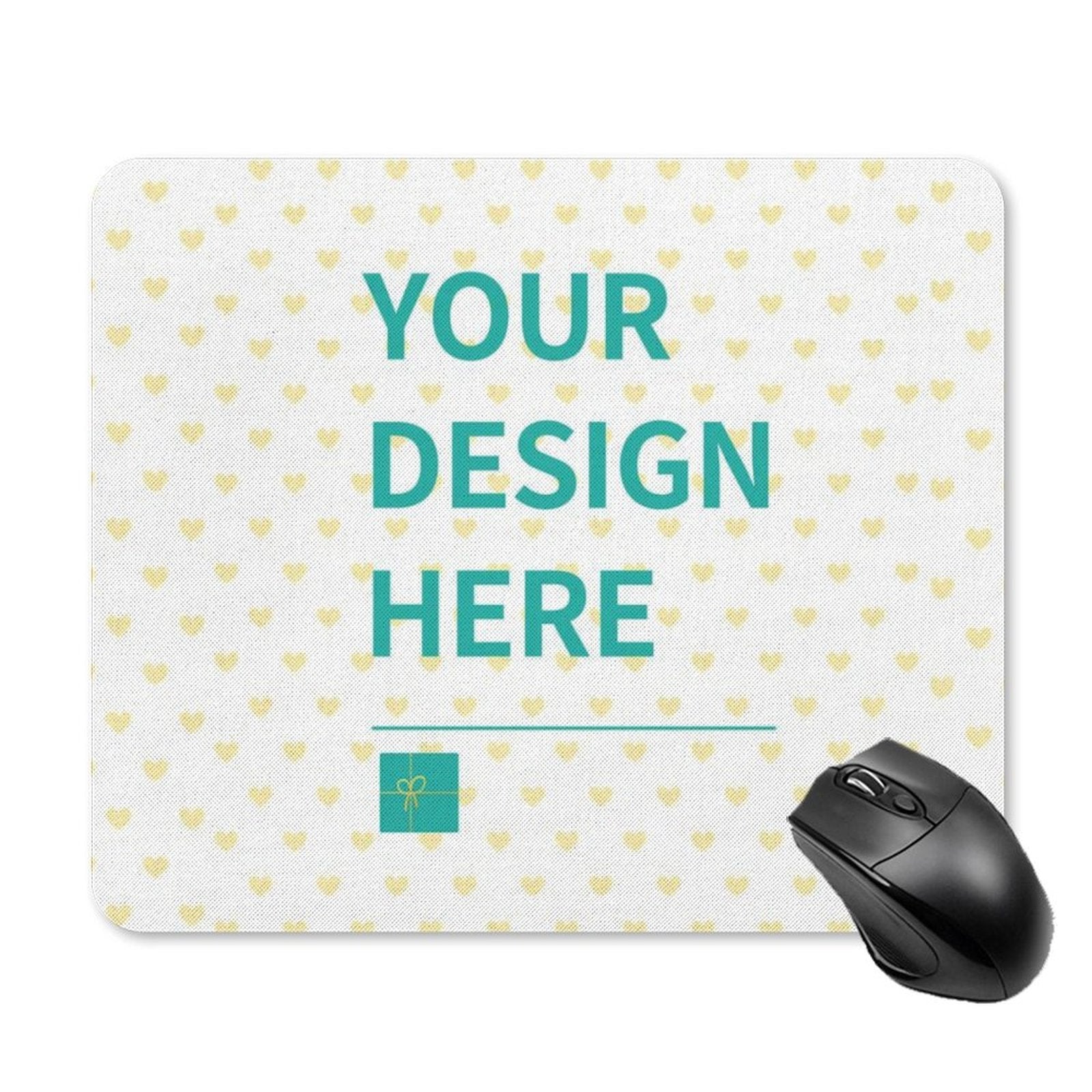 Customizable mouse pad with 'YOUR DESIGN HERE' text and heart pattern, perfect for gaming and office use