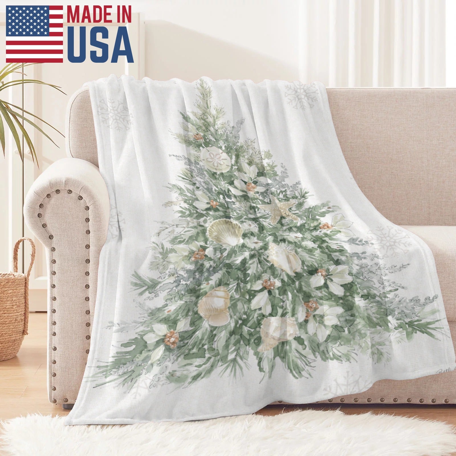 Winter Christmas Tree Flannel Blanket, USA made, sofa couch bed decor with seashell details