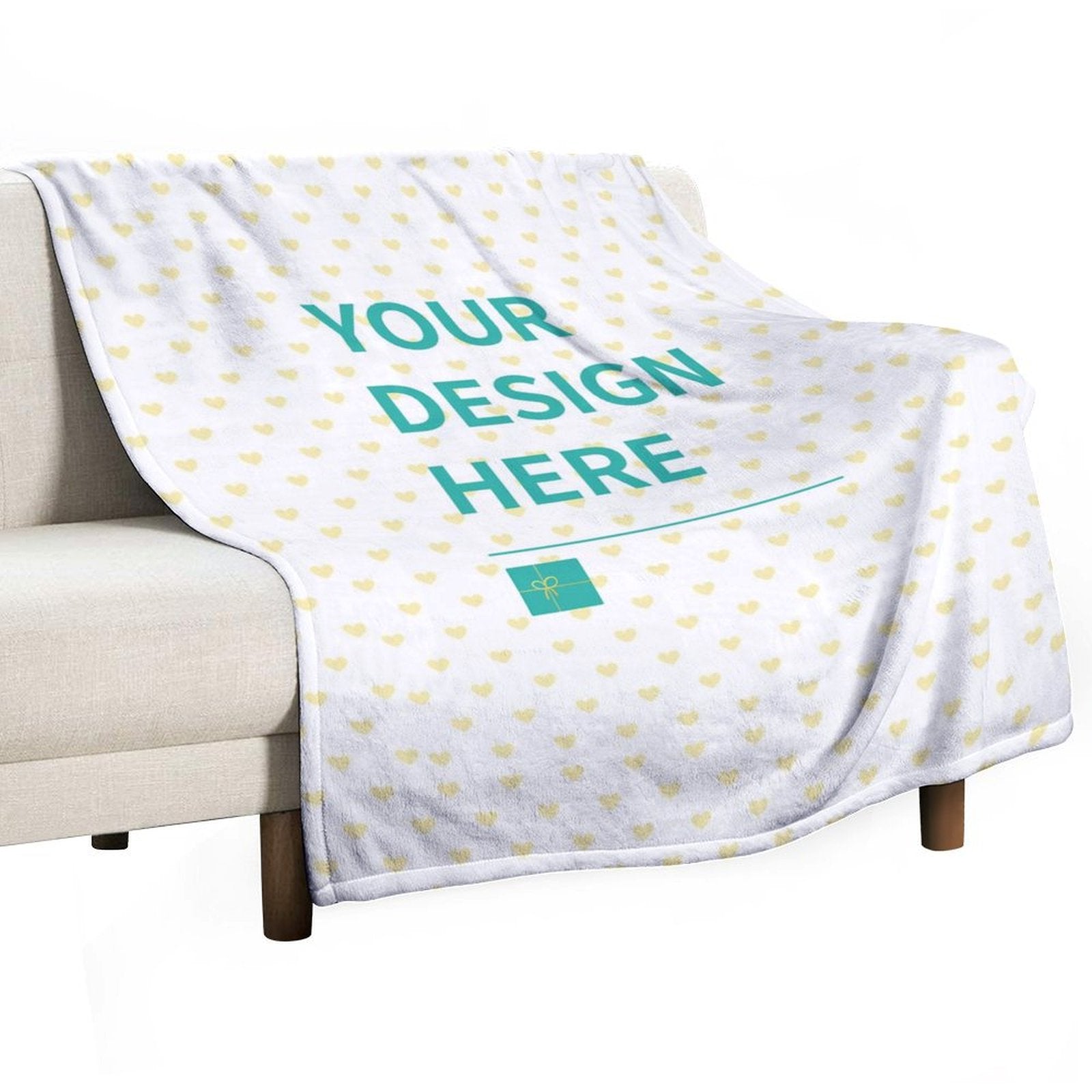 Customizable fleece blanket, white with heart pattern, featuring 'YOUR DESIGN HERE' text. Perfect for bed or sofa.