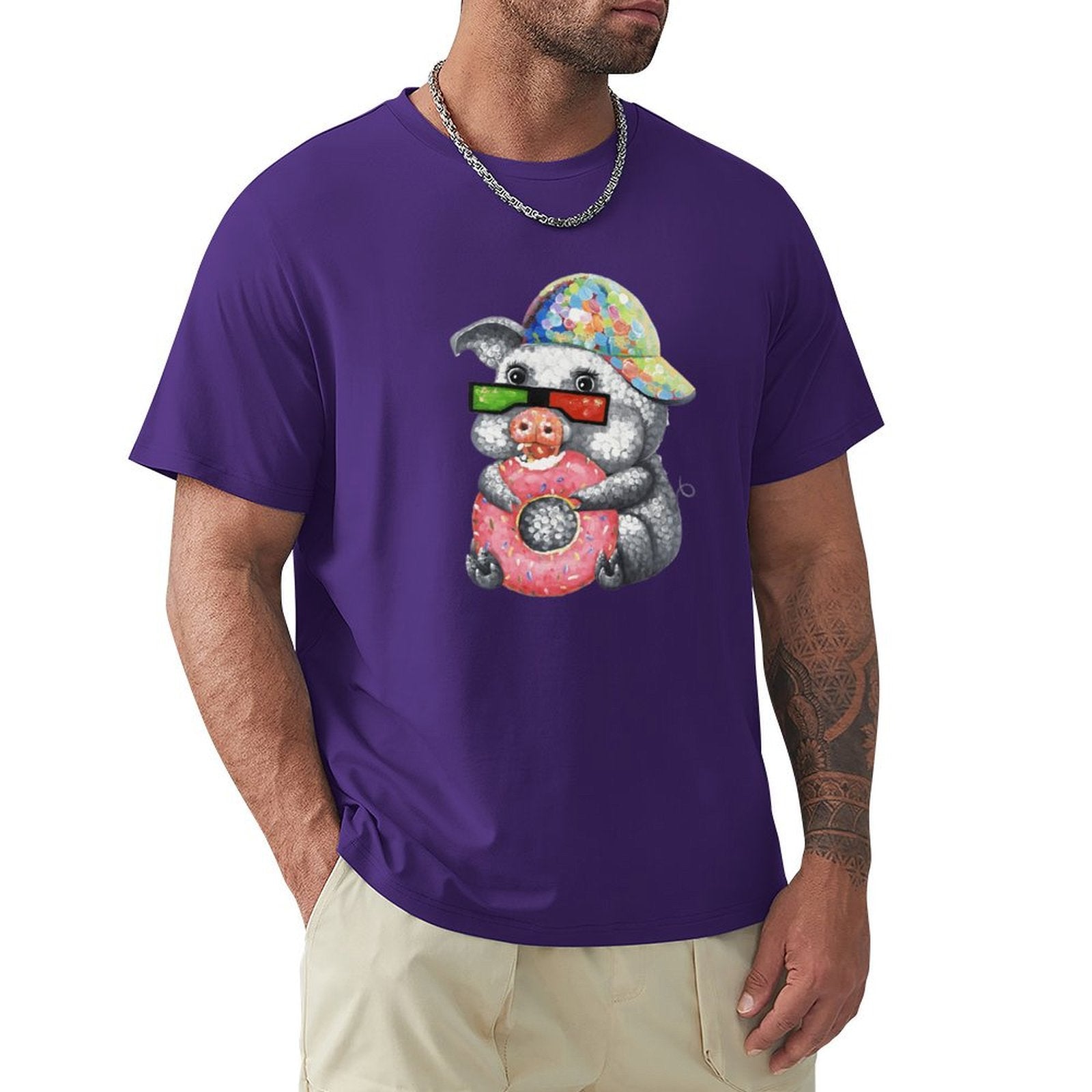 Men's purple tee with pig graphic holding donut, MyArtsyGift, crew neck t-shirt.