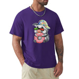 Men's purple tee with pig graphic holding donut, MyArtsyGift, crew neck t-shirt.