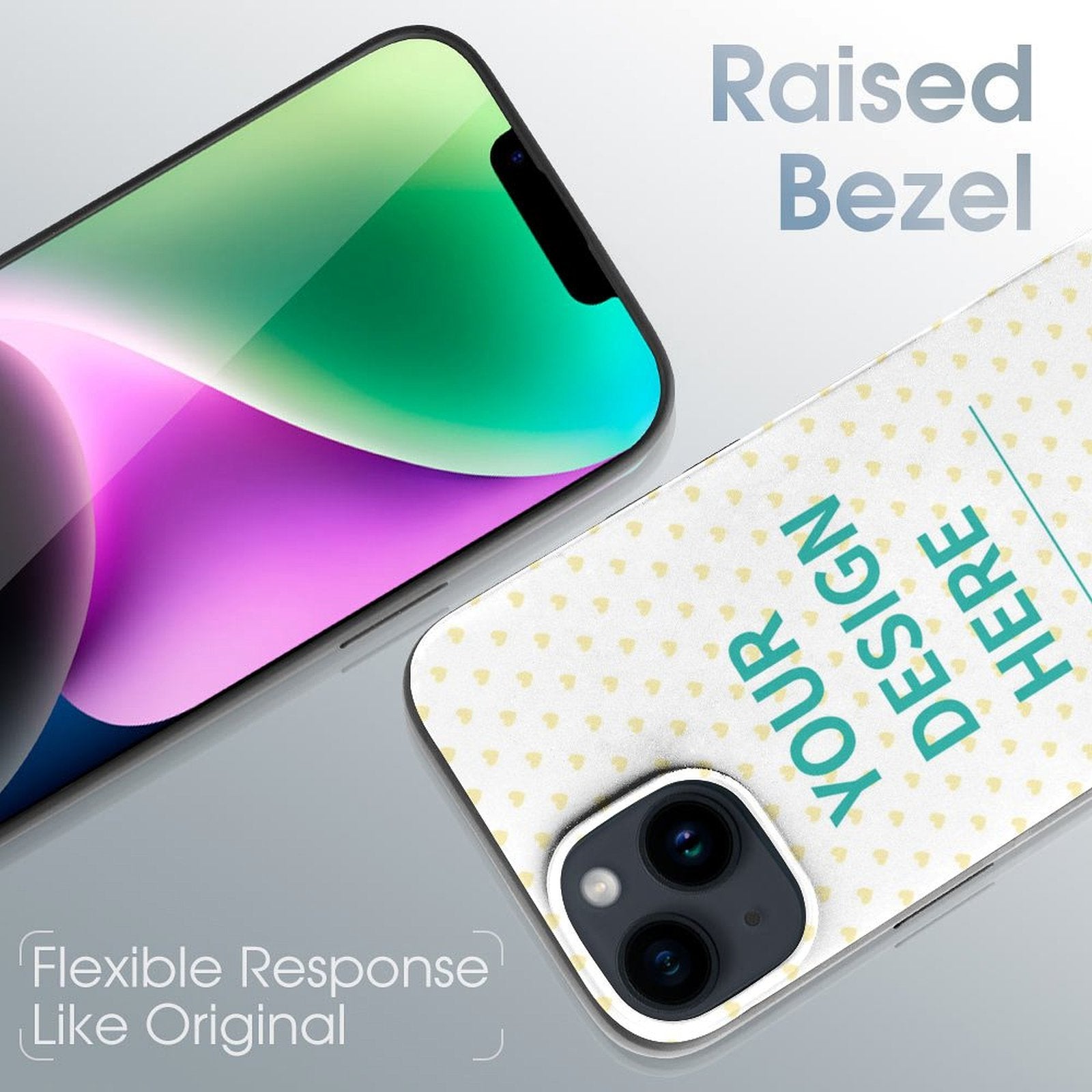 Custom iPhone 14 case with heart pattern and YOUR DESIGN HERE text, protective design