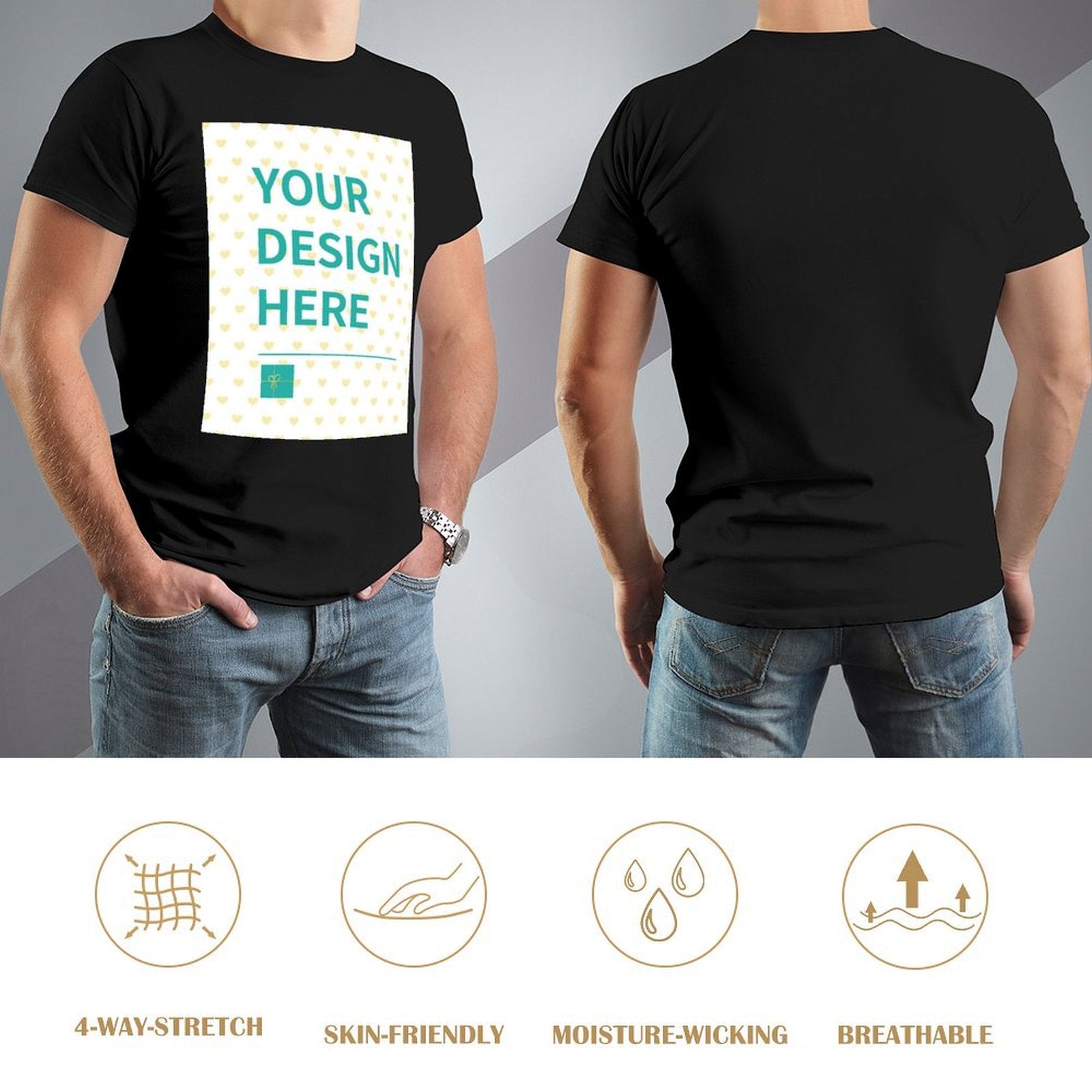 Black customizable men's t-shirt with 'Your Design Here'. Features breathable, 4-way stretch, and skin-friendly material.