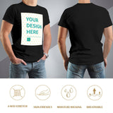Black customizable men's t-shirt with 'Your Design Here'. Features breathable, 4-way stretch, and skin-friendly material.