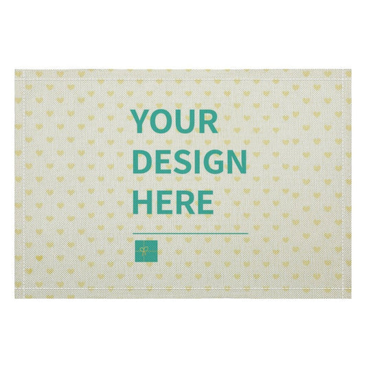 Custom linen placemat with Your Design Here text, personalized for dining table decor with heart pattern