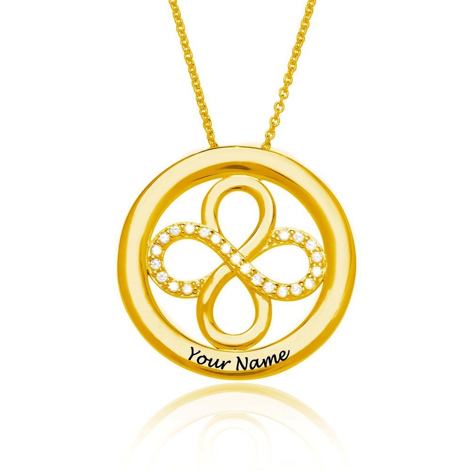 Gold personalized infinite circle necklace with 'Your Name' engraving, a custom gift for women, from MyArtsyGift