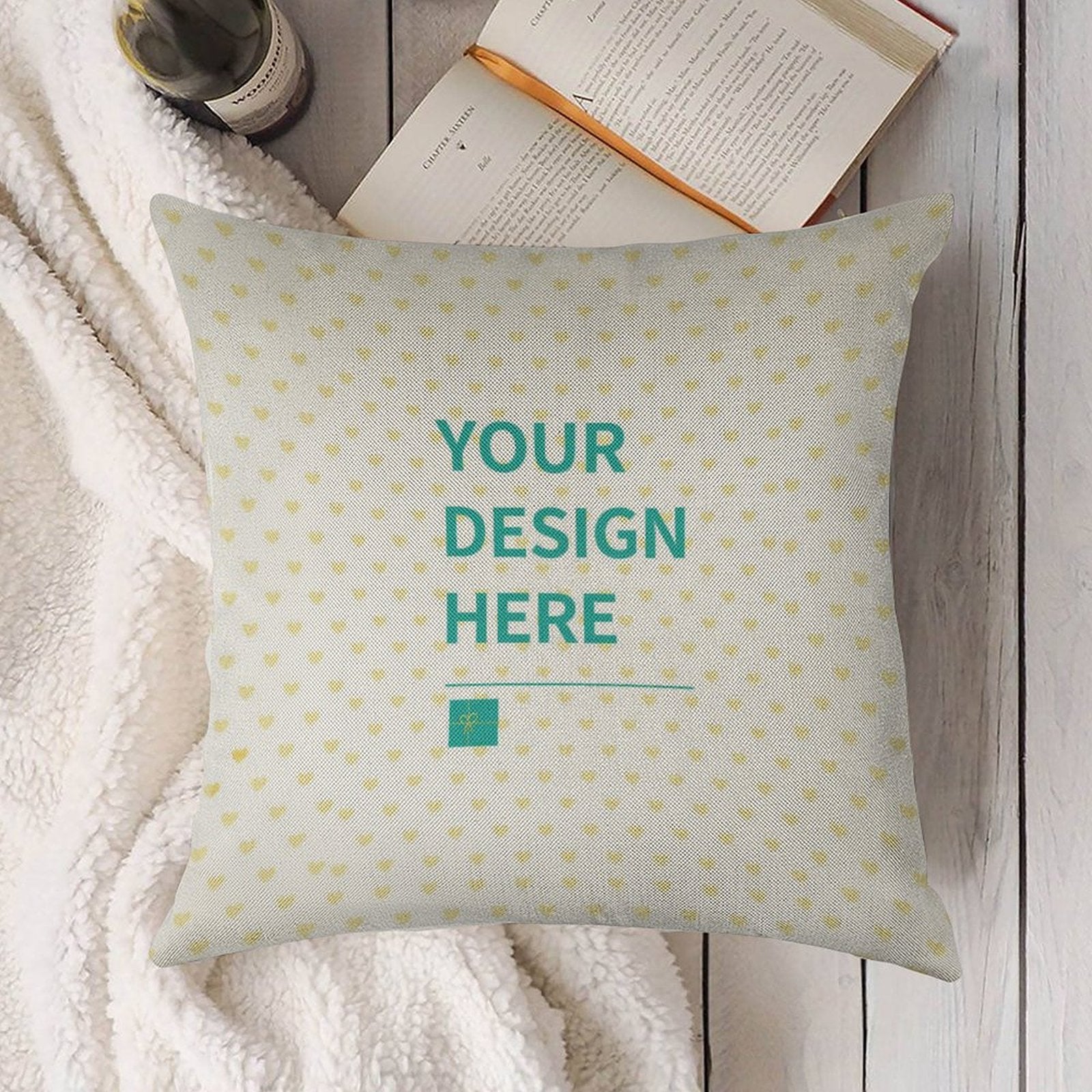 Customizable linen throw pillow case with 'YOUR DESIGN HERE', perfect for living room decor and personalized gifts