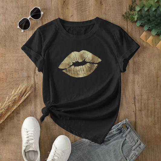 Hollywood Kiss Classic Women's T-shirt Made In USA, black cotton tee with gold lips print