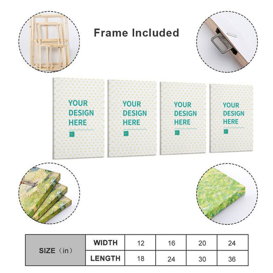 Personalized 4-panel canvas poster with "Your Design Here", customizable for gifts, framed with various sizes.