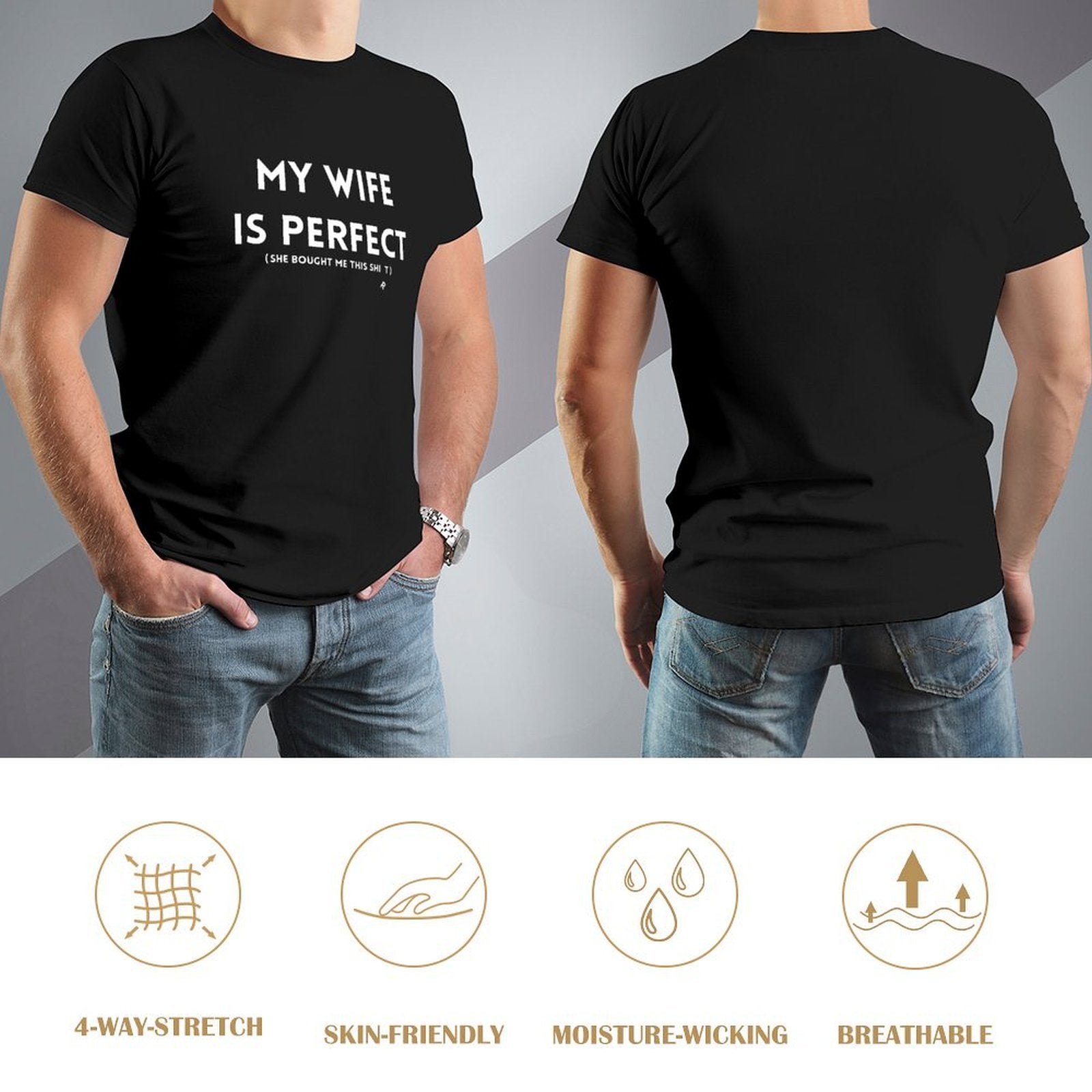 Men's black crew neck t-shirt with "MY WIFE IS PERFECT" print, comfortable cotton tee, sizes S-6XL, perfect gift