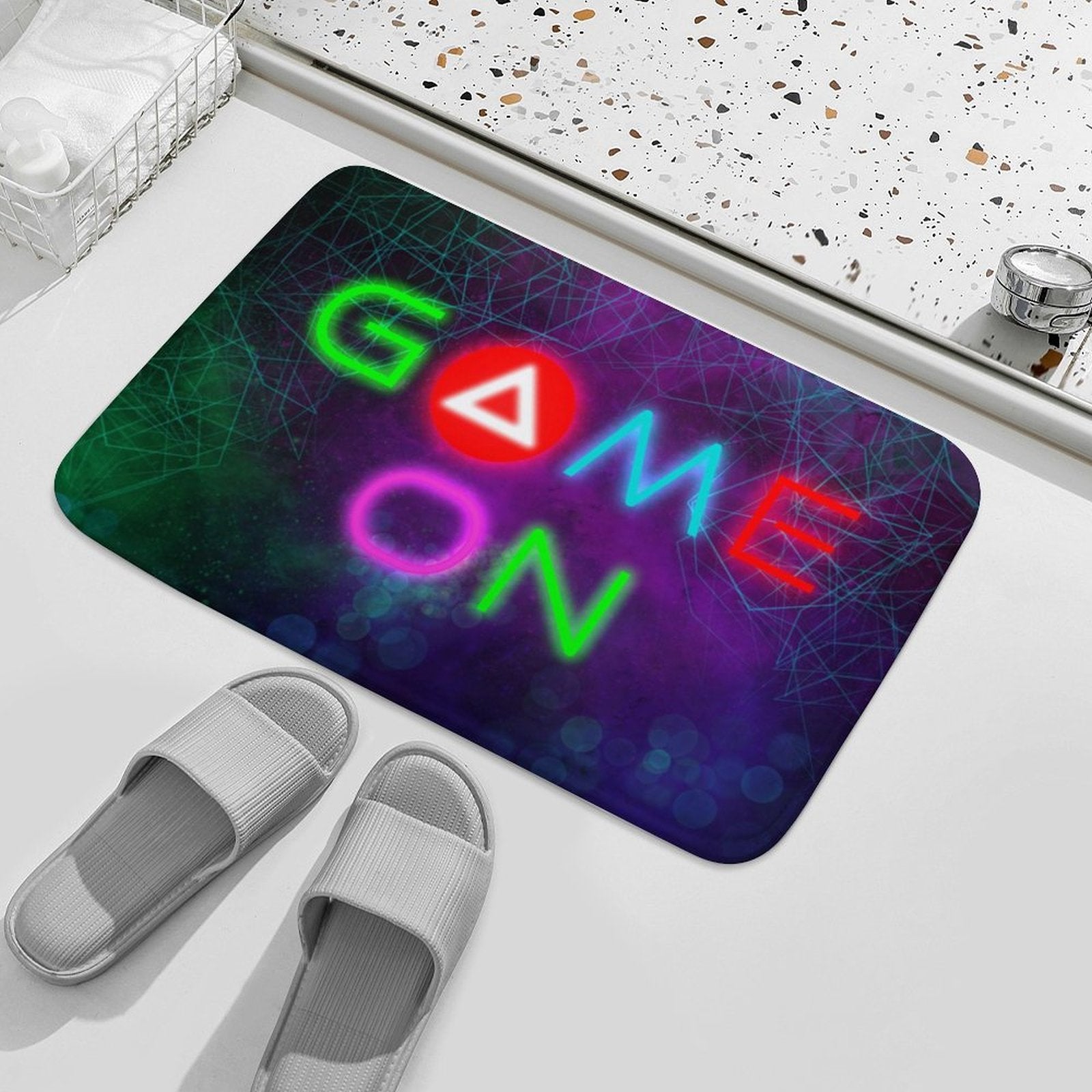Neon 'GAME ON' bath rug, non-slip for bathroom and bedroom, quick-drying floor carpet
