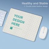 Customizable leather mouse pad with YOUR DESIGN HERE text, white mouse, and keyboard, perfect for office or home.