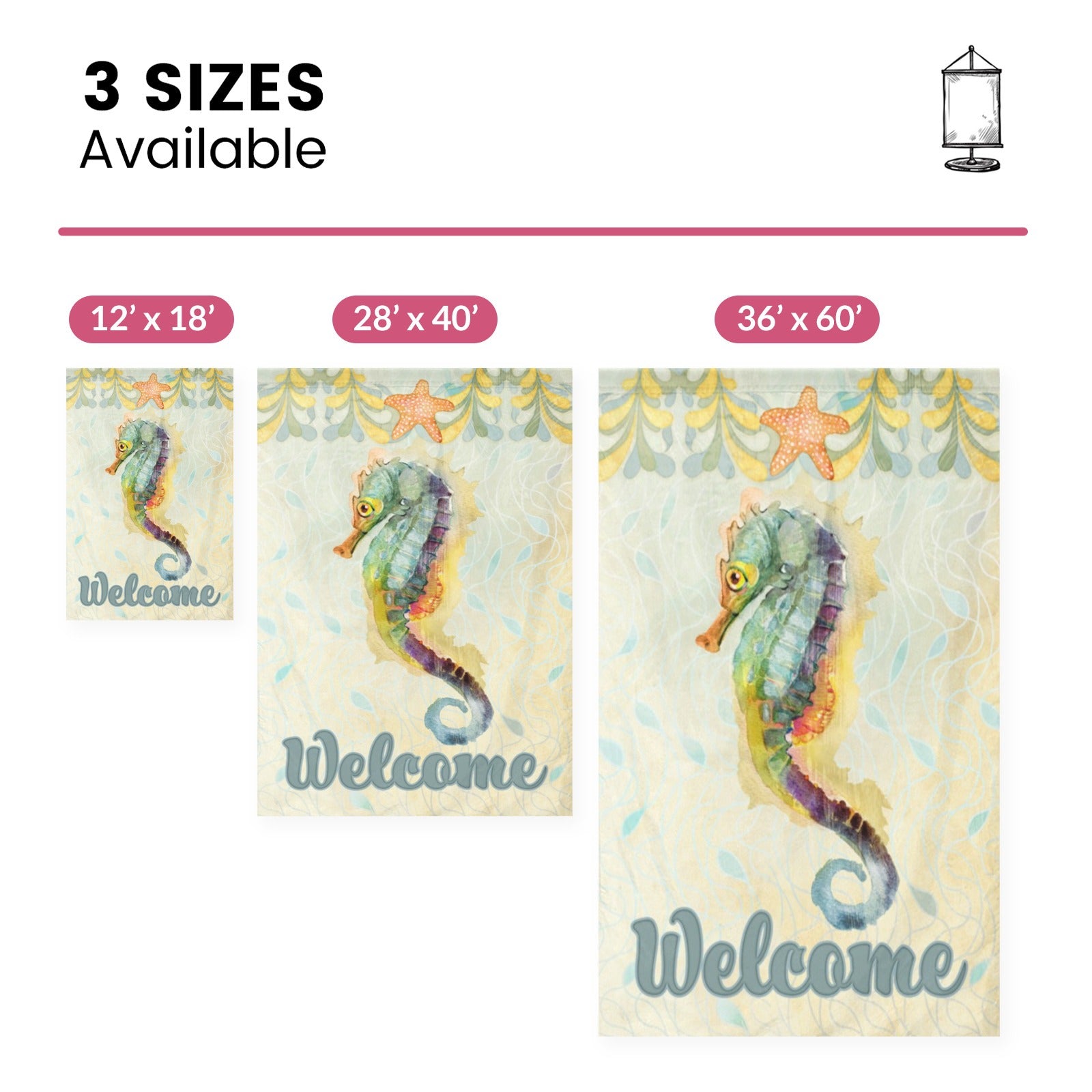 Seahorse Welcome Garden Flag - Available in multiple sizes, double-sided, perfect for yard and farmhouse decor.