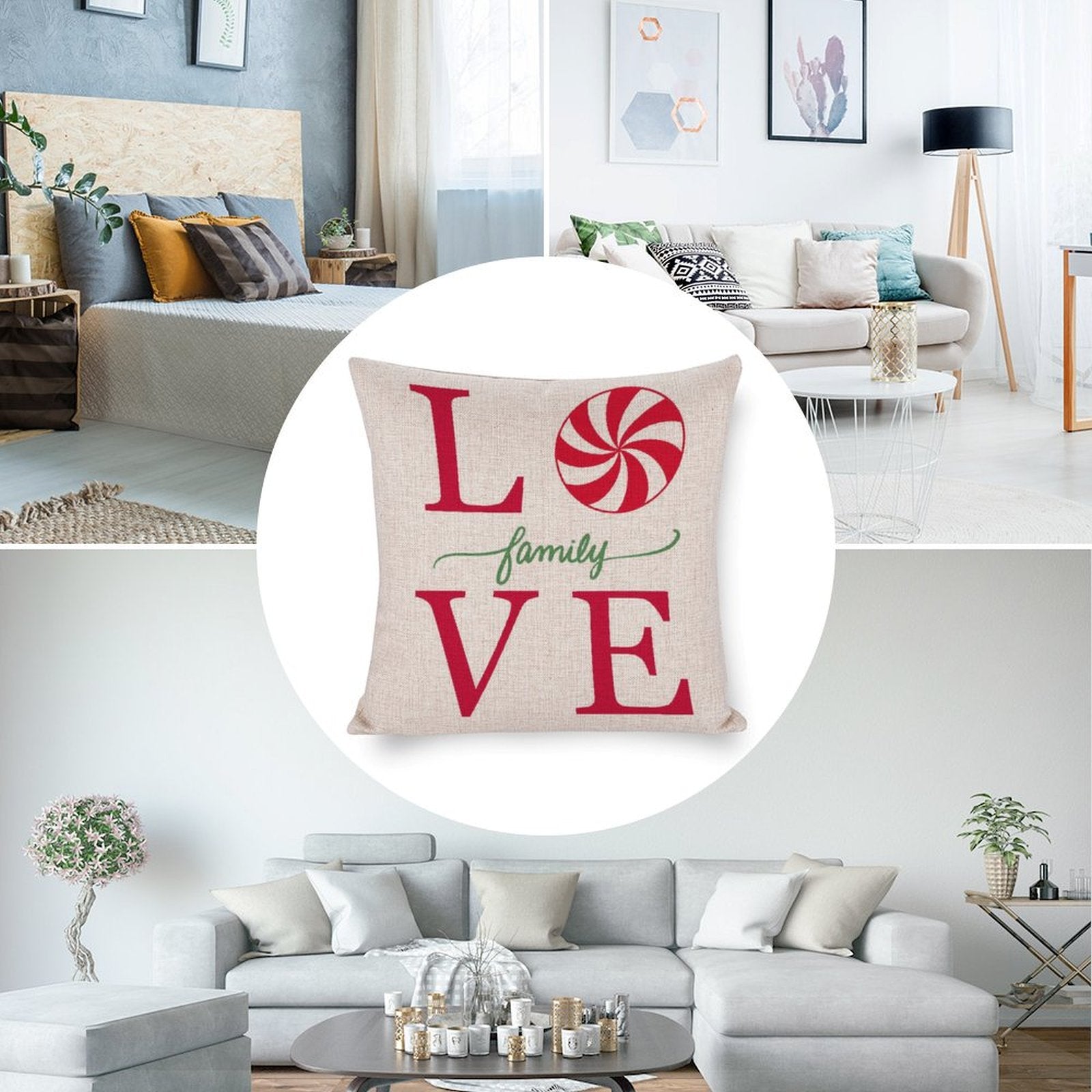Christmas pillow cover with "LOVE family VE" text and candy cane design, cotton linen material for home decor