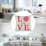 Christmas pillow cover with "LOVE family VE" text and candy cane design, cotton linen material for home decor