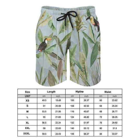 Men's Hawaiian swim trunks with toucan and leaf design; quick-dry, beach-ready, and gifts for boyfriend