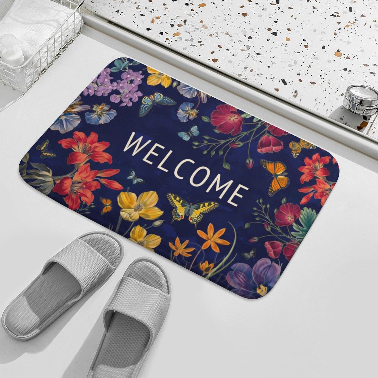 Coral velvet bath rug with floral design and 'WELCOME' text for bathroom, kitchen, and bedroom