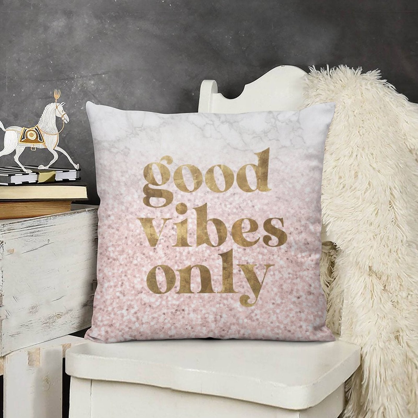 Luxury short plush pillow cover, pink marble with Good Vibes Only text, perfect sofa or bed accent
