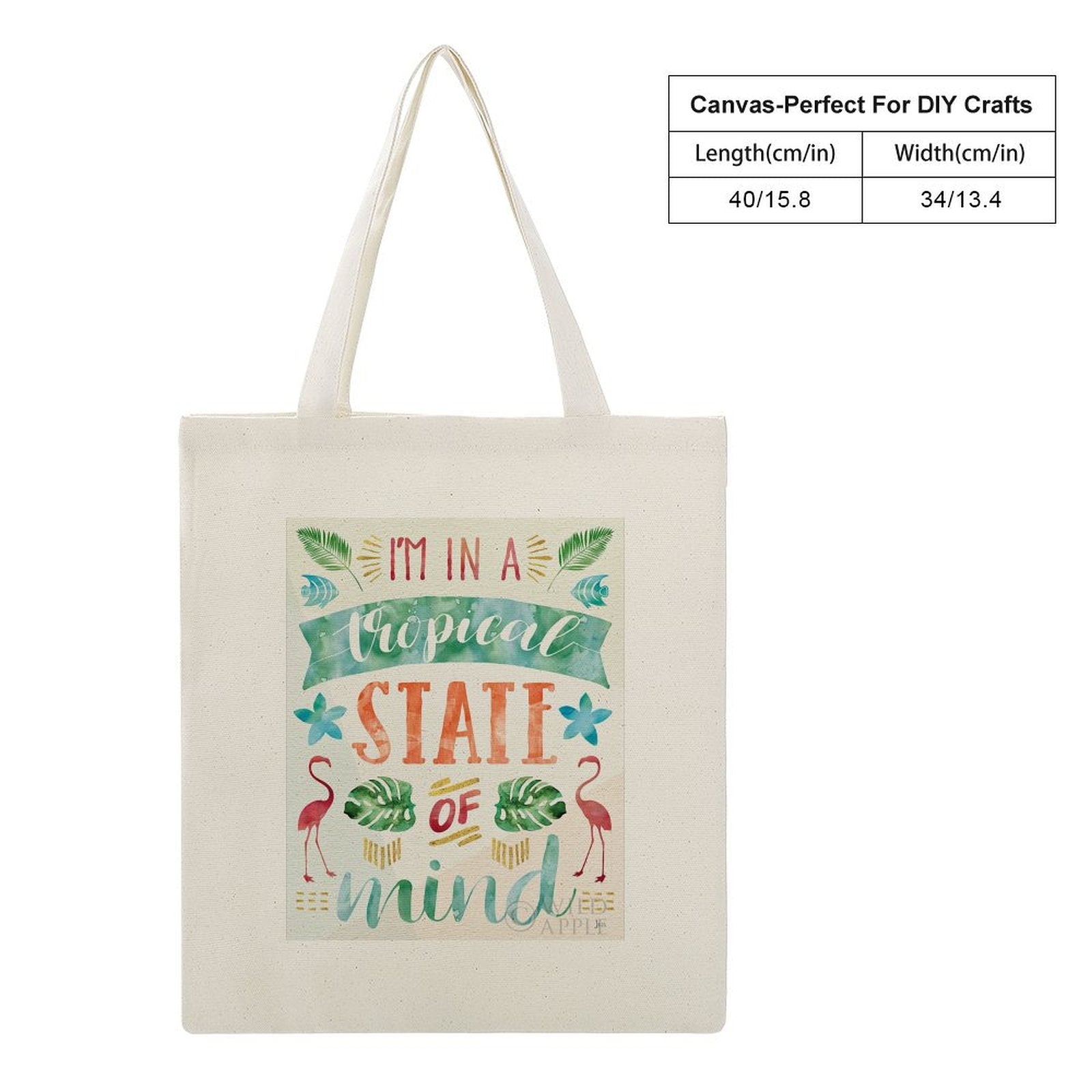 Canvas tote bag with tropical design, perfect for shopping or gifts.