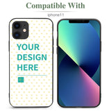 Custom iPhone 11 case with heart pattern, featuring 'YOUR DESIGN HERE' and TPU material, personalized style.