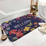 Coral velvet bath rug with floral and butterfly design, navy blue color. "WELCOME" bath mat for bathroom and kitchen.