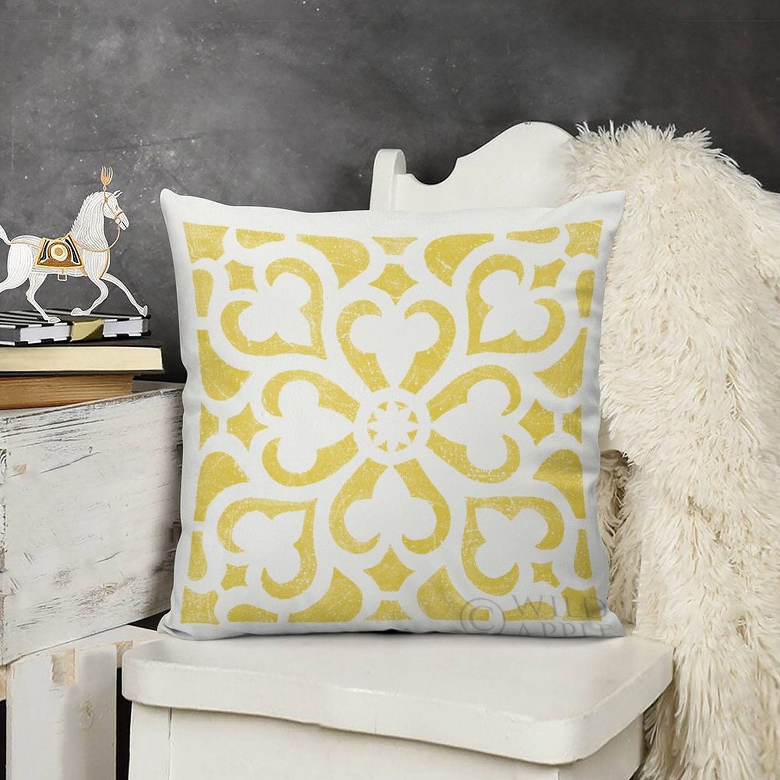 Yellow floral pattern throw pillow cover on white chair, soft plush fabric, perfect for sofa decor