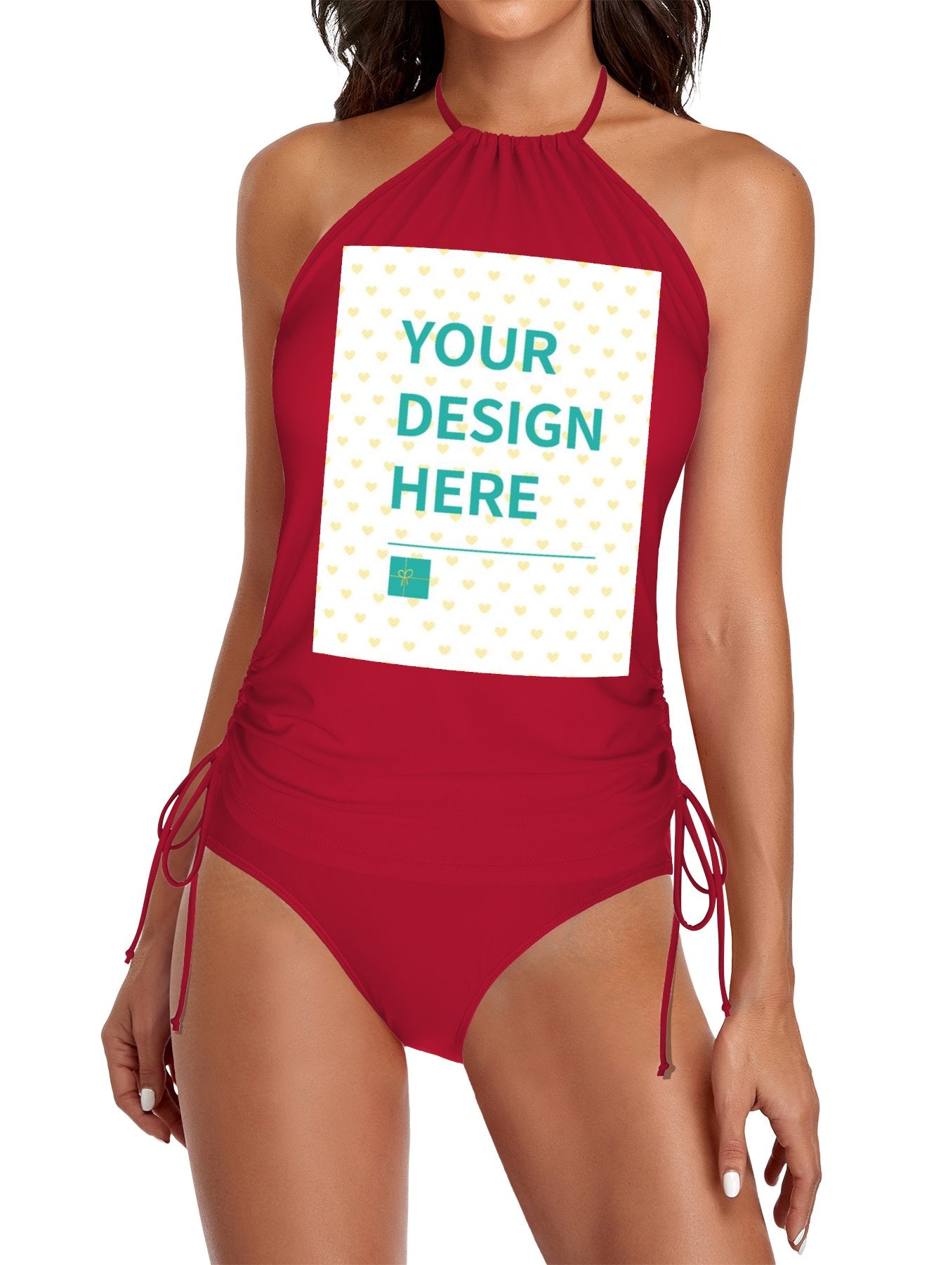 Custom red halter swimsuit with 'YOUR DESIGN HERE' text. Personalized swimwear, perfect for vacation.