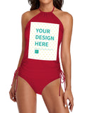 Custom red halter swimsuit with 'YOUR DESIGN HERE' text. Personalized swimwear, perfect for vacation.