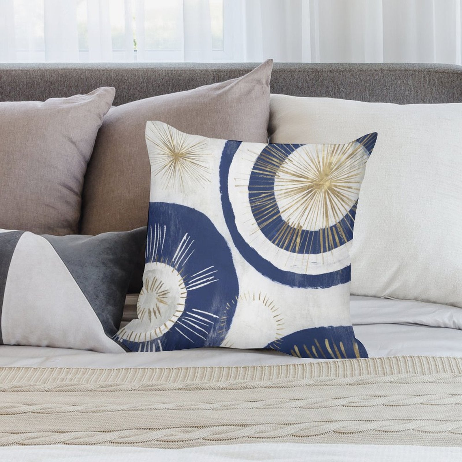 Navy blue and gold abstract design plush pillow cover for sofa or couch, soft, fluffy home decor.