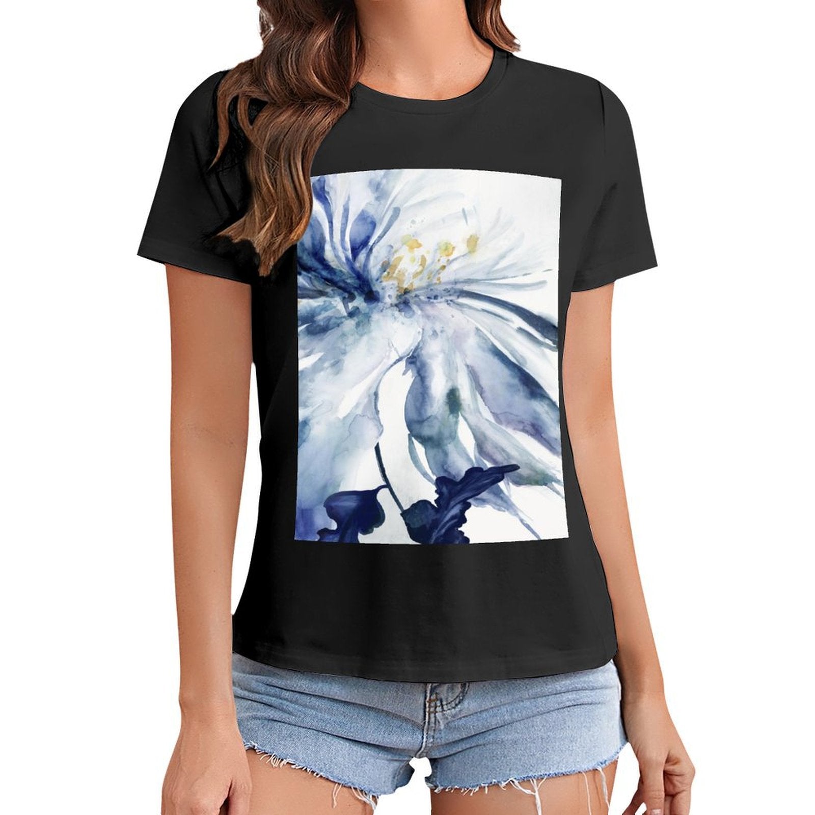 Black short sleeve crewneck t-shirt with blue watercolor floral print for women, perfect gift from MyArtsyGift.