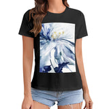Black short sleeve crewneck t-shirt with blue watercolor floral print for women, perfect gift from MyArtsyGift.
