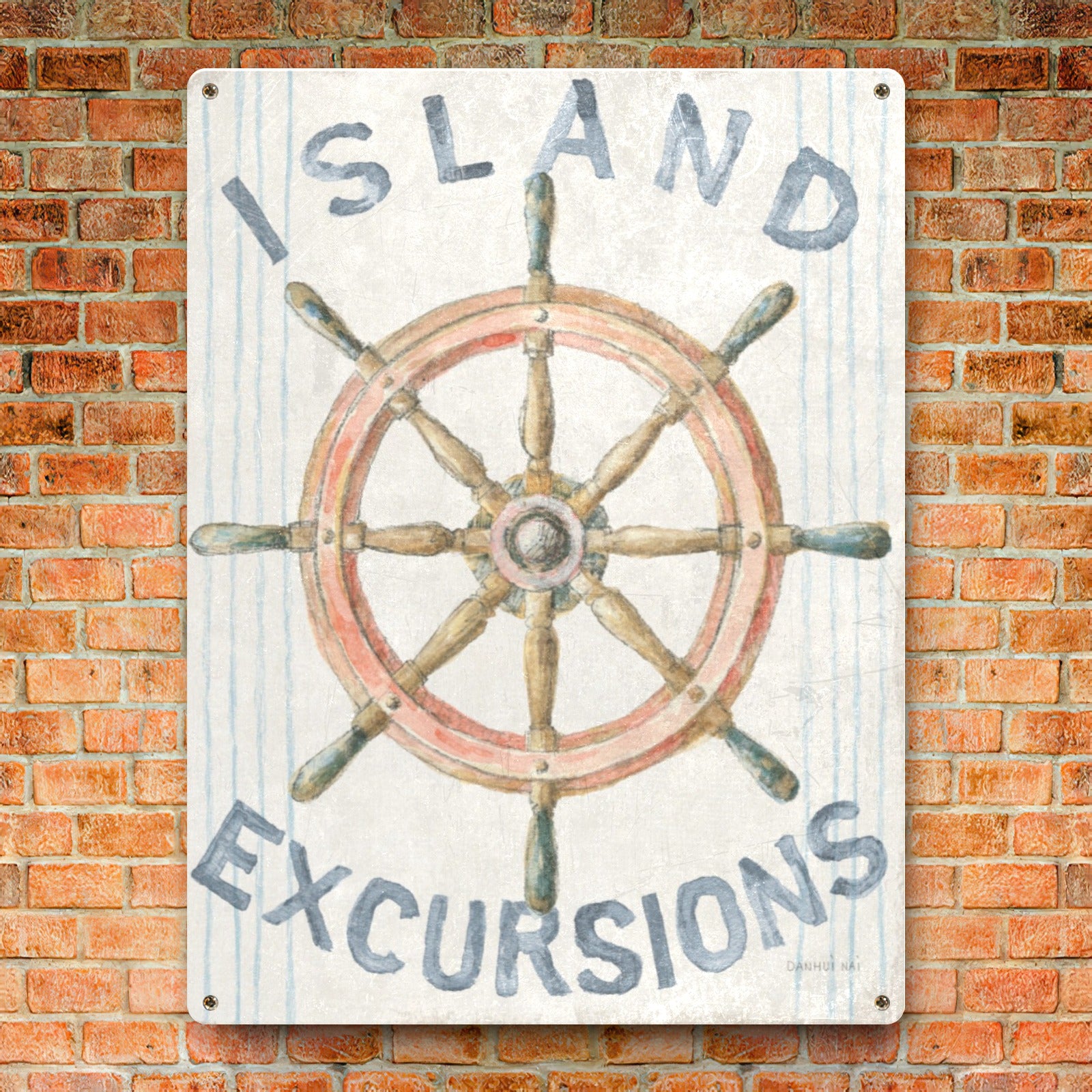 Nautical 'Island Excursions' metal sign, ship wheel decor, retro beach theme.