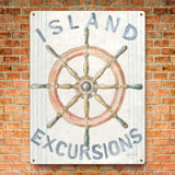 Nautical 'Island Excursions' metal sign, ship wheel decor, retro beach theme.