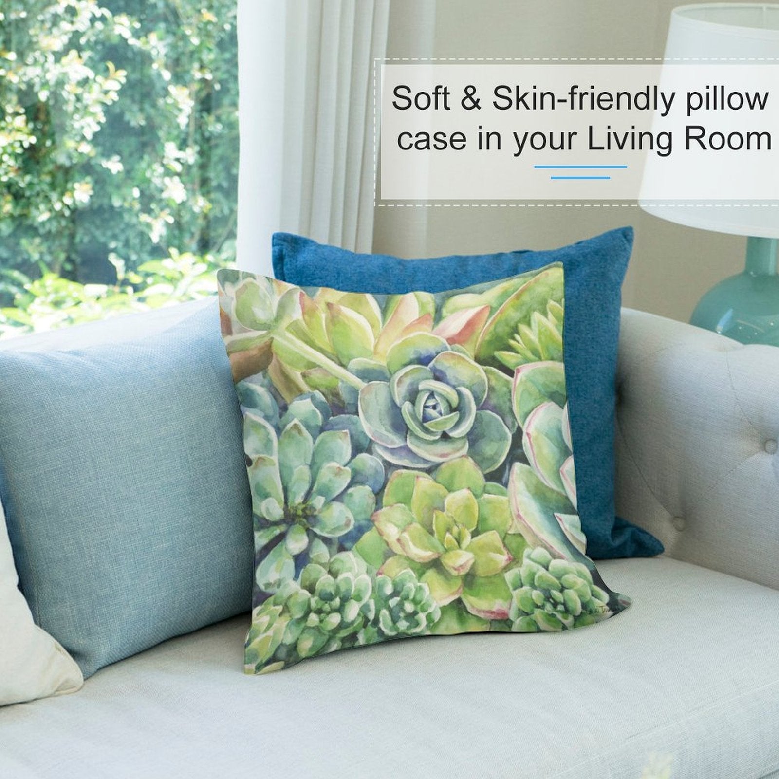 Soft plush pillow cover with succulent plant watercolor design in a living room. Skin-friendly material.