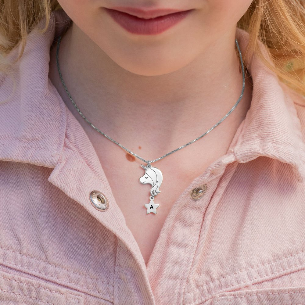 Personalized silver unicorn necklace for girls with initial 'A' pendant, custom jewelry gift