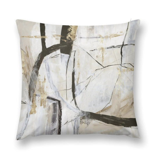 Abstract art plush pillow cover in white, black and gold for sofa, couch, and living room