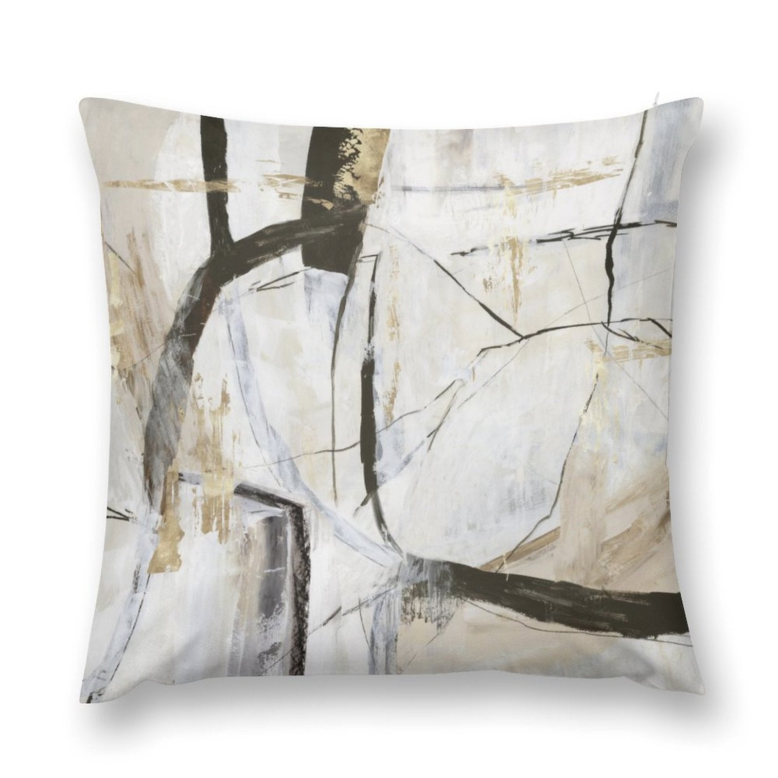 Abstract art pillow cover with neutral tones of white, beige, and black, perfect for living room and sofa decor.