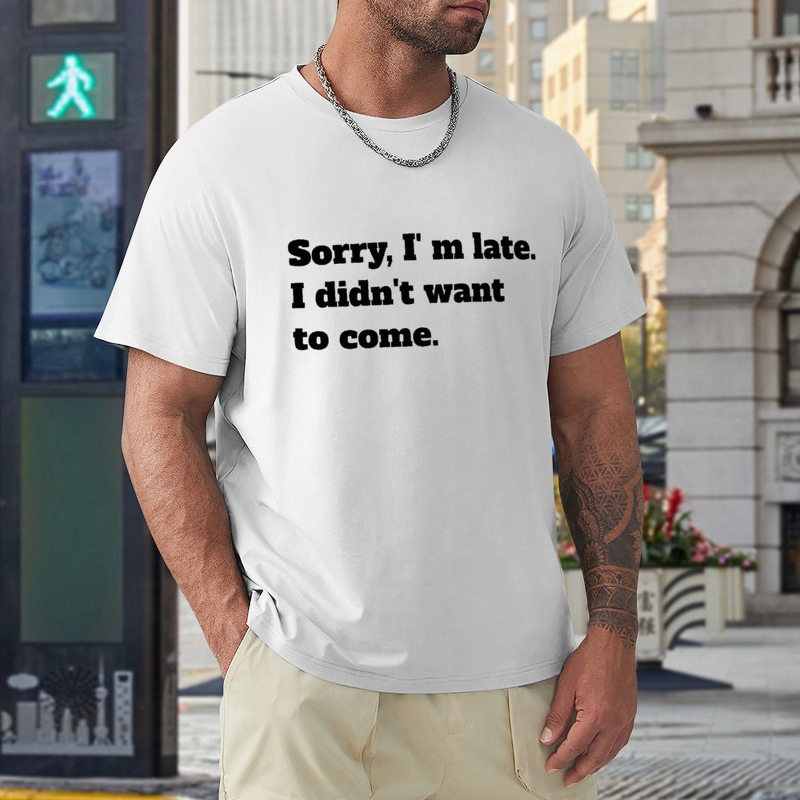 Men's white t-shirt with funny quote, classic crew neck tee, casual wear