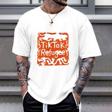 White Gildan unisex TikTok Refugee T-shirt, cotton fabric, orange design on front.