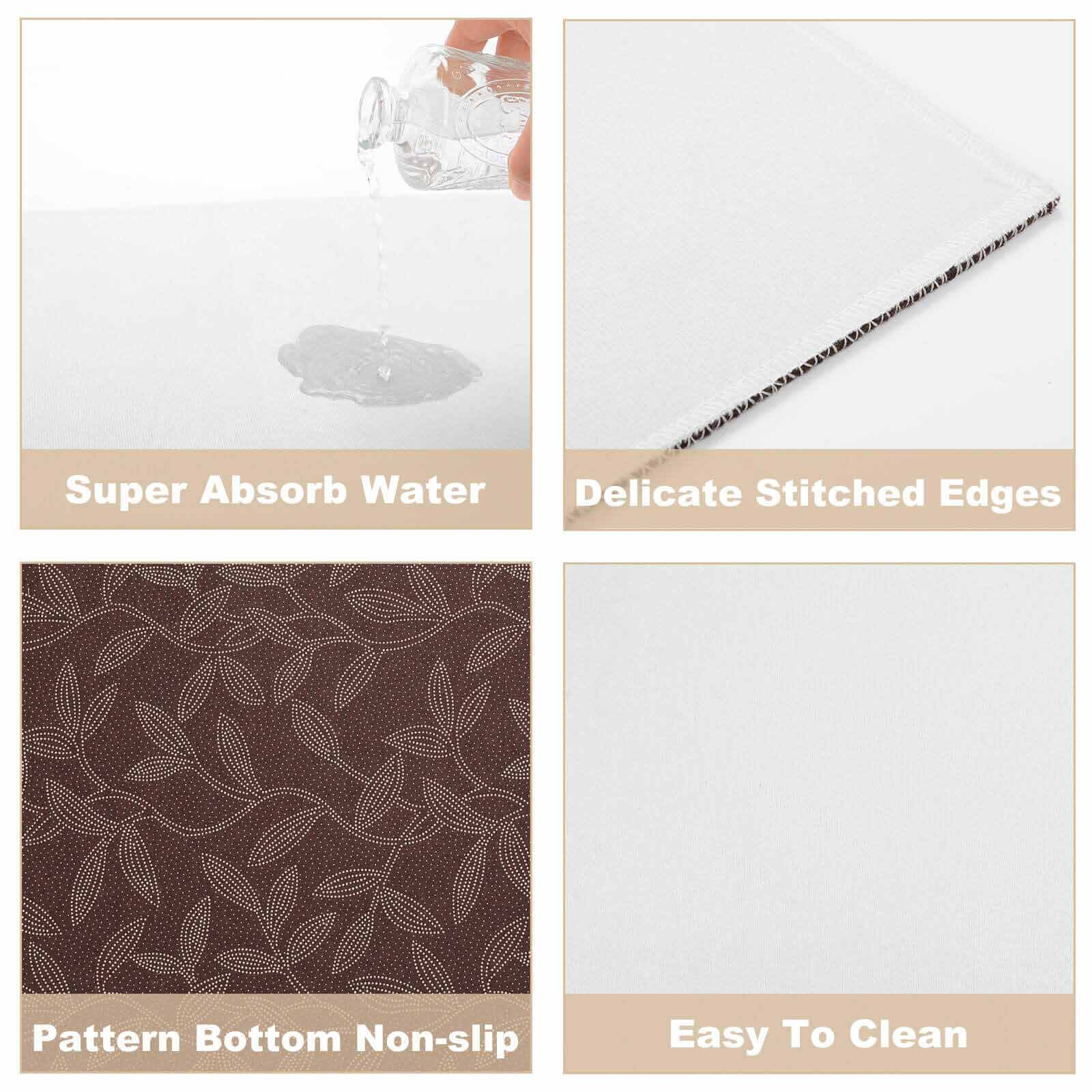 Crystal velvet rug features: super absorbent, delicate stitched edges, non-slip, and easy to clean; great for bathrooms.