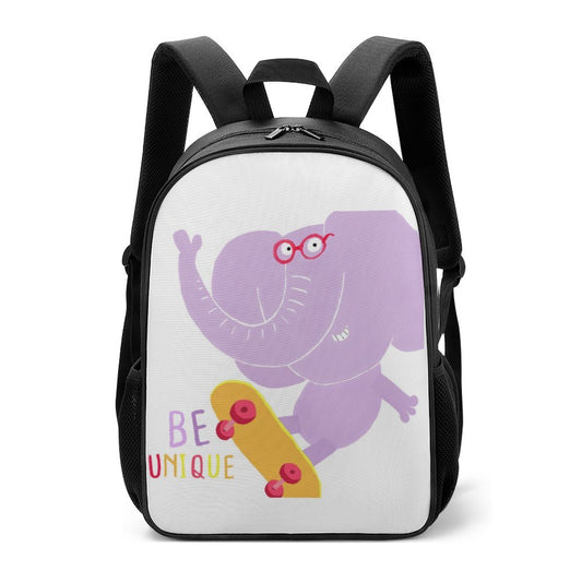 Kids' backpack with purple elephant design and "BE UNIQUE" text, perfect for school or travel